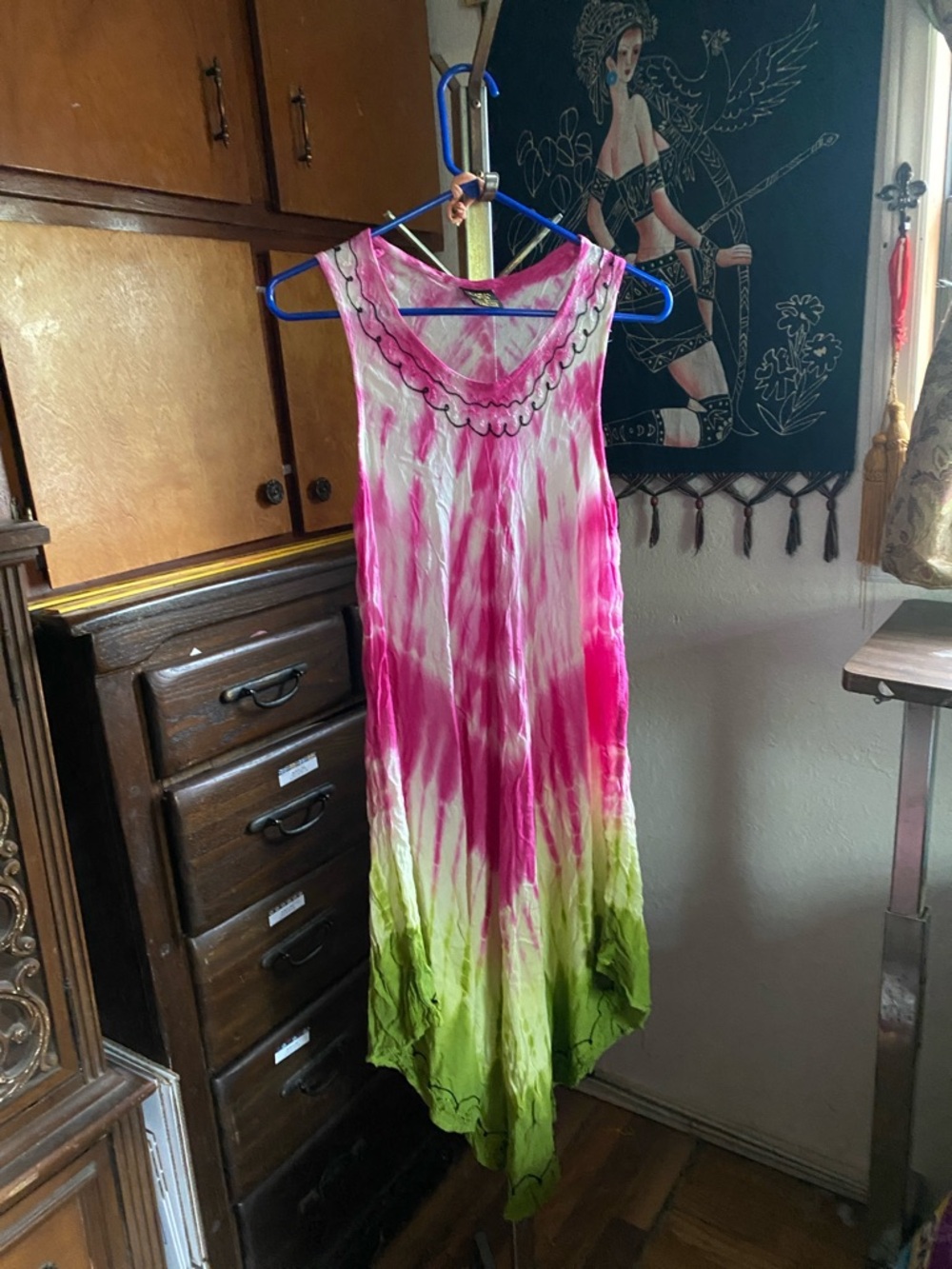 Women Dress Pink and Green Tie-Dye Sleeveless Maxi Dress
